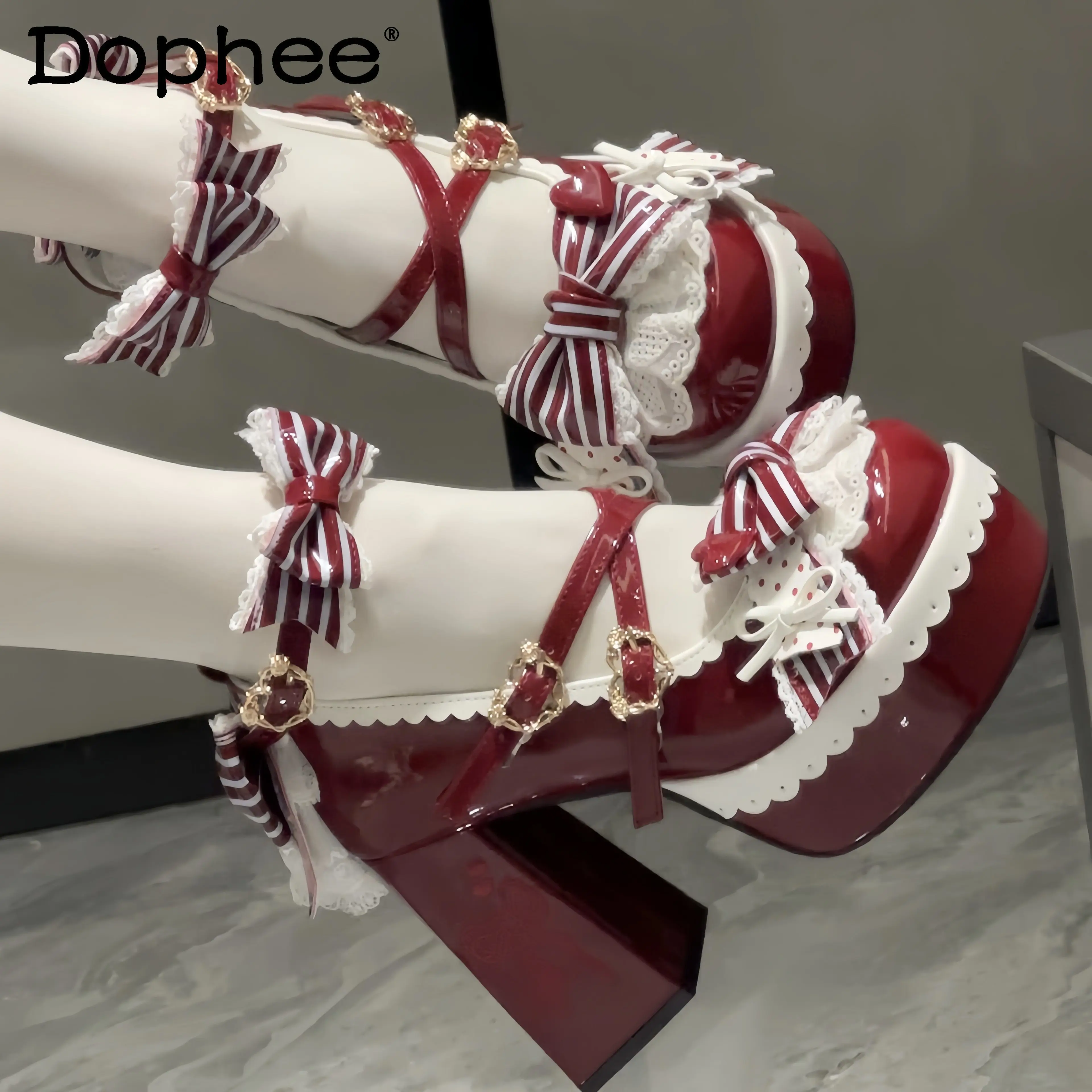 

Red Lolita Shoes New Sweet Elegant Cute Bowknot Round-Toe Thick-Soled Shoes Spring and Summer New Women's Pumps and Heels