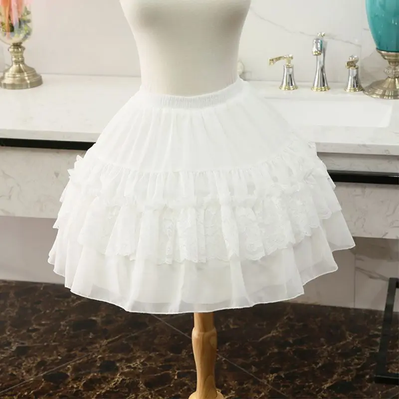 Falda blanca para mujer, retales de encaje Floral, con volantes escalonados, vestido de novia de Lolita, acampanado, crinolina corta ajustable