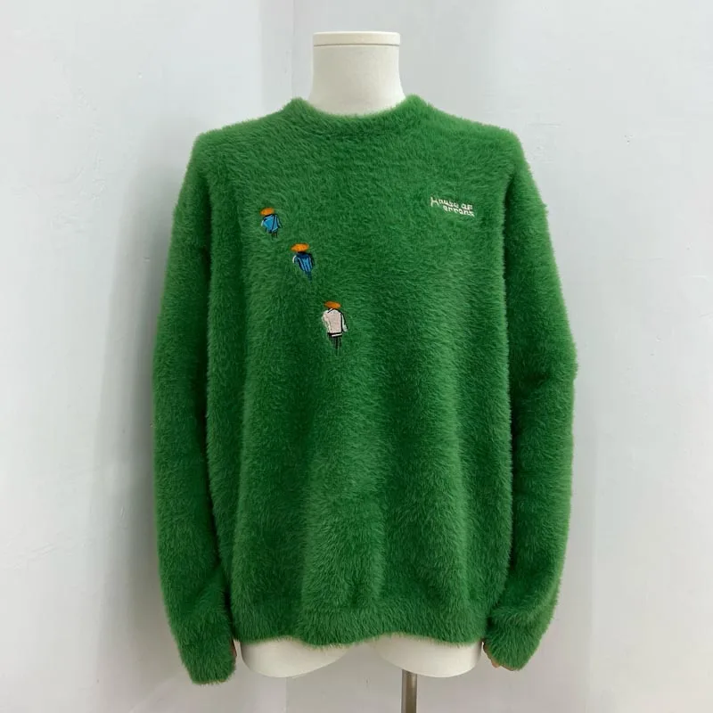 New Men Green Crewneck Sweater Cartoon Figure Embroidery Oversized Street Top House of Errors Pullover