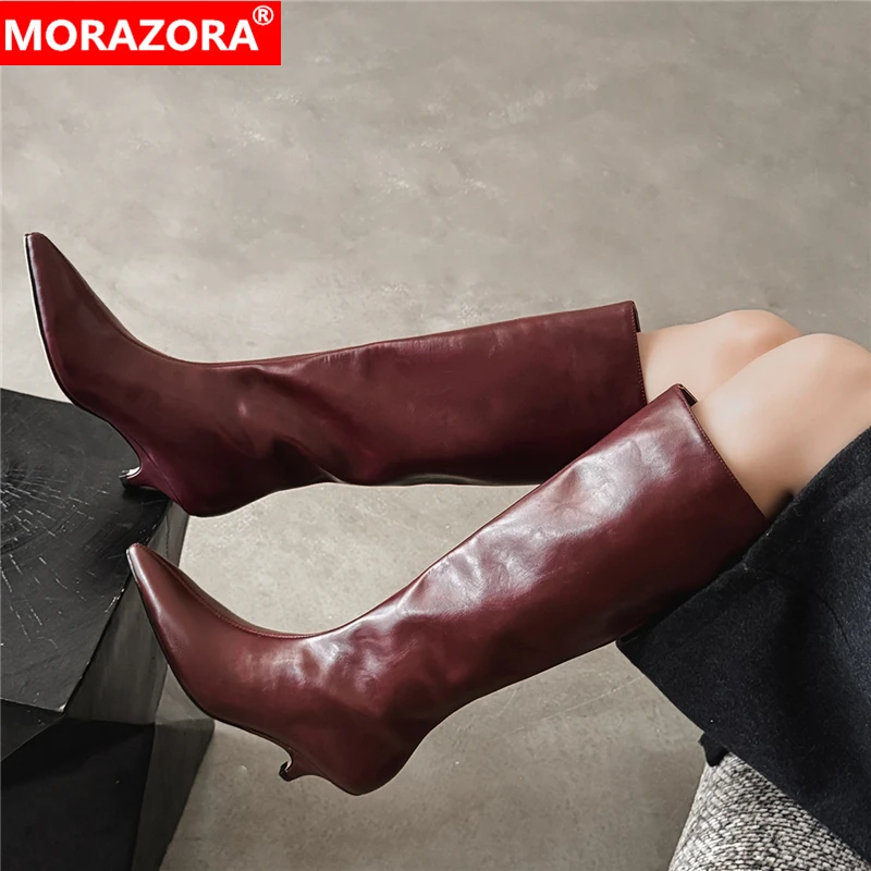 

MORAZORA INS New Genuine Leather Knee High Boots Women Pull On Pointed Toe Stiletto High Heels Modern Boots Street Dress Shoes