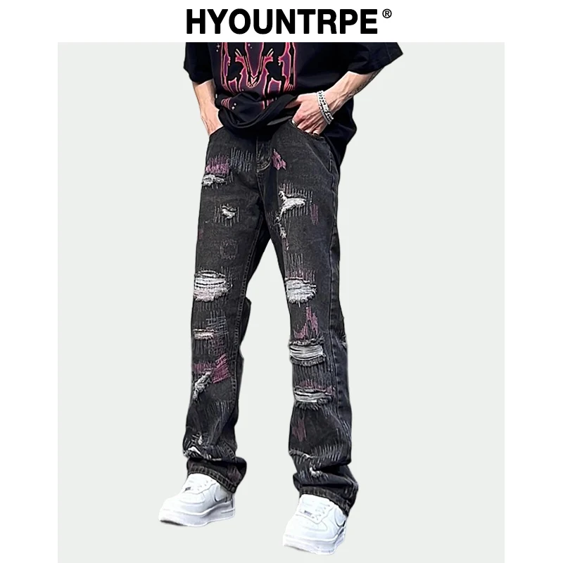 

Harajuku Irregular Scratched Ripped Holes Denim Jeans Men Zipper Jeans Hip Hop Streetwear New Casual Straight Joggers Jean Pants