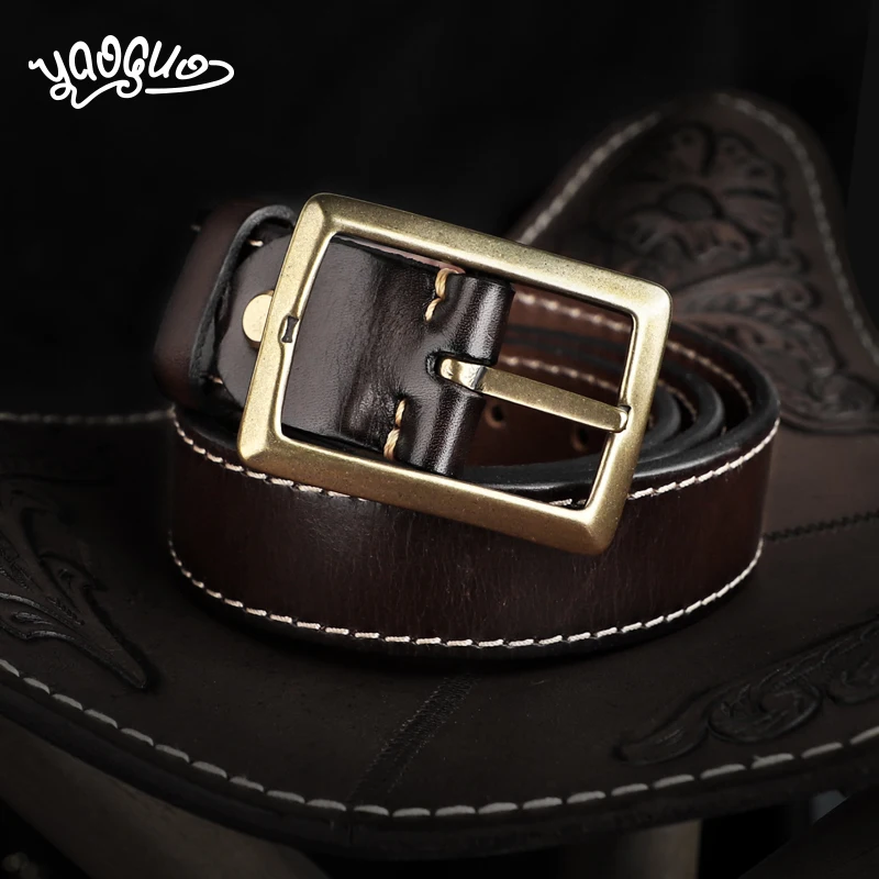 Vintage Genuine Leather 3.8CM Belt For Men Handmade Thicken Cowhide Copper Buckle Belts Jeans YG102