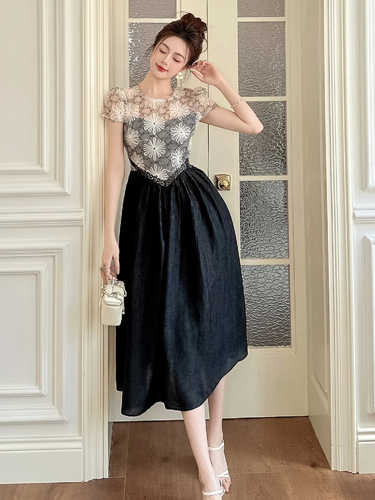 فستان رائع مثير للحفلات المسائية للنساء صدرية من الدانتيل مُزينة بنقشة الزهور بقماش شفاف رداء نسائي أنيق مستوحى من الطراز البهجة #4