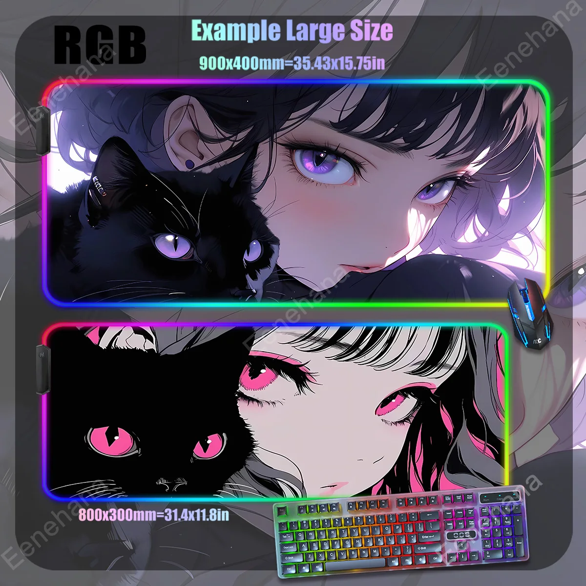 Imagem -02 - Rgb Grande Gaming Mouse Pad Led Retroiluminado Mesa de Escritório Tapete Estendido Gato Preto Gamer Anime Meninas Tapetes Kawaii Acessórios para Computador