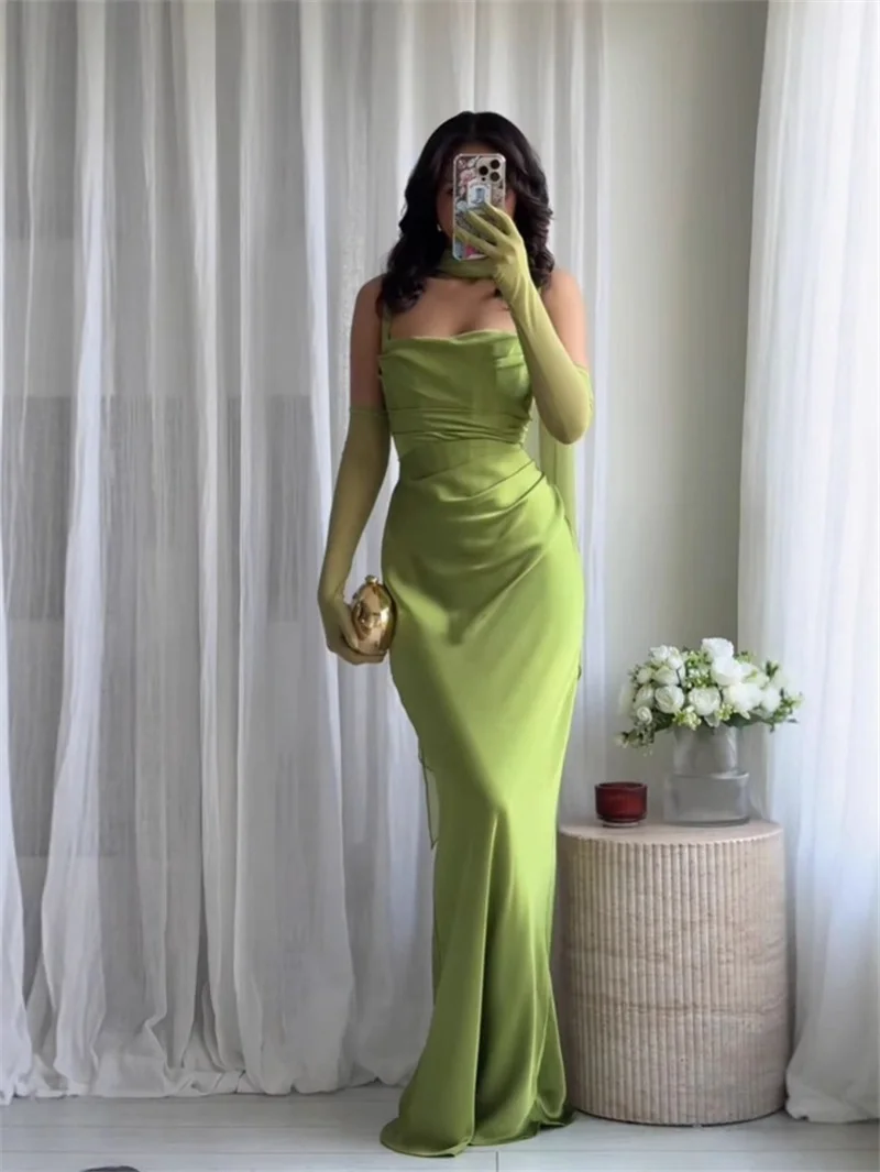

Green Satin Prom Dress With Long Scarf Sexy Corset Stripe Sleeveless Sheath Party Bridal Gown Formal Guest Wedding Birthday Robe