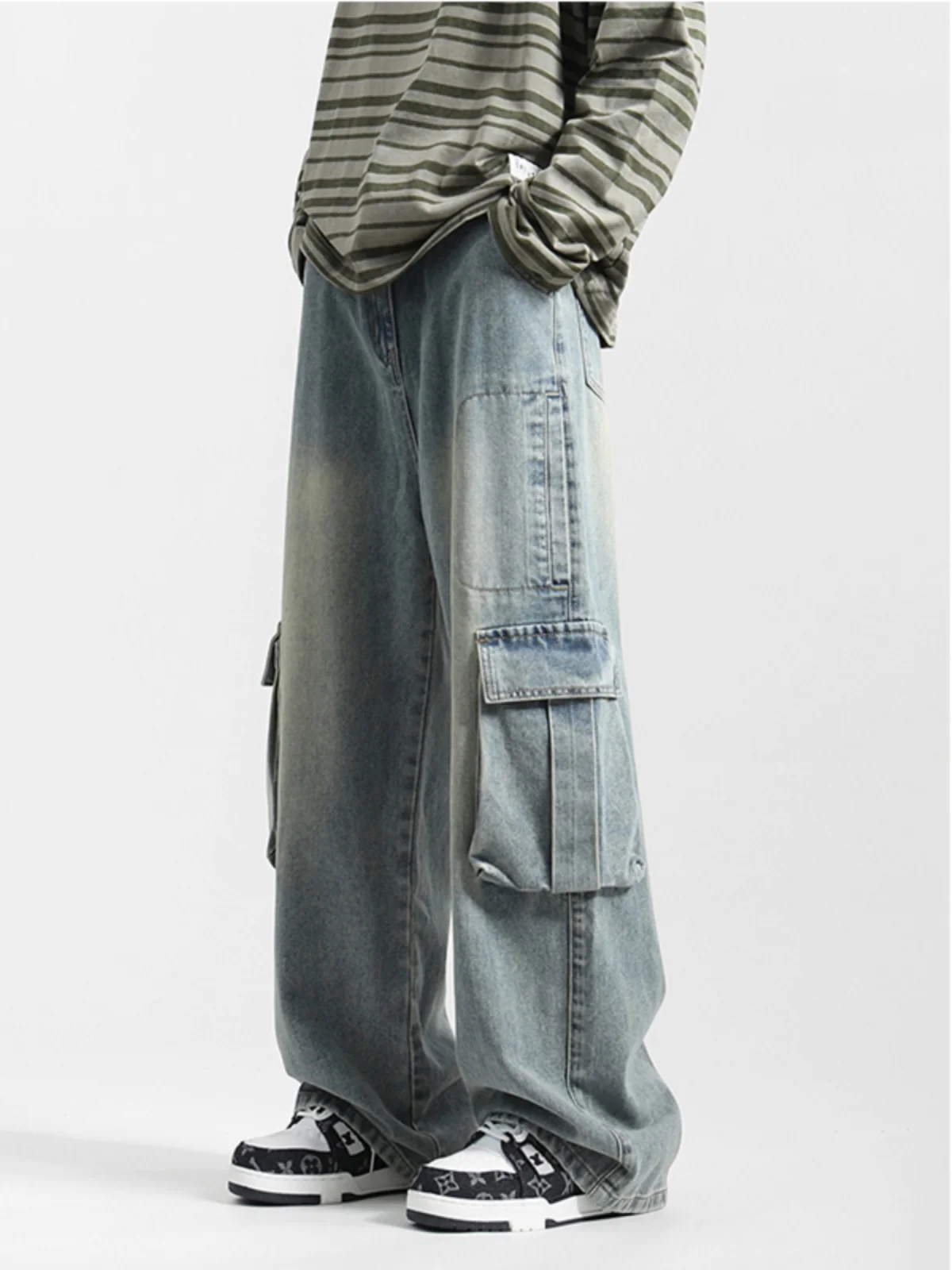 

Waed Denim Workwear Pants Men's Spring Autumn Loose Wide Leg Straight Cut Long Trousers Retro American High Street Sle
