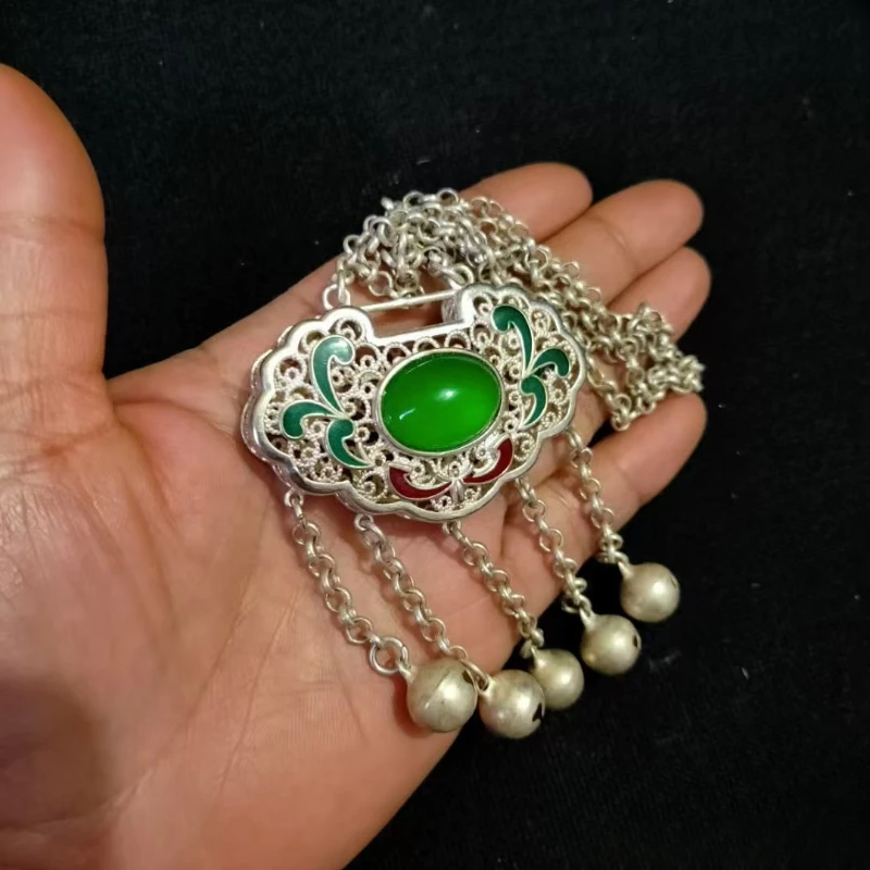 Retro Tibetan Silver Inlaid with Red and Green Agate Longevity Prosperity Lock Sweater Necklace Pendant Couple Personalized Gift