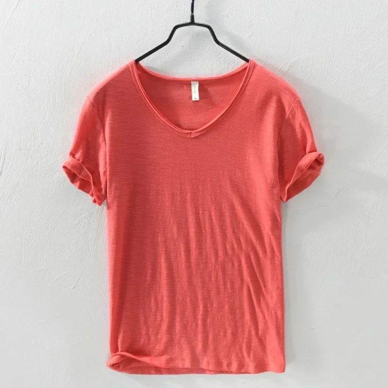 Summer New 100% Cotton T-shirt Men V-neck Solid Color Casual T Shirt Basic Tees Plus Size Short Sleeve Tops Y2449