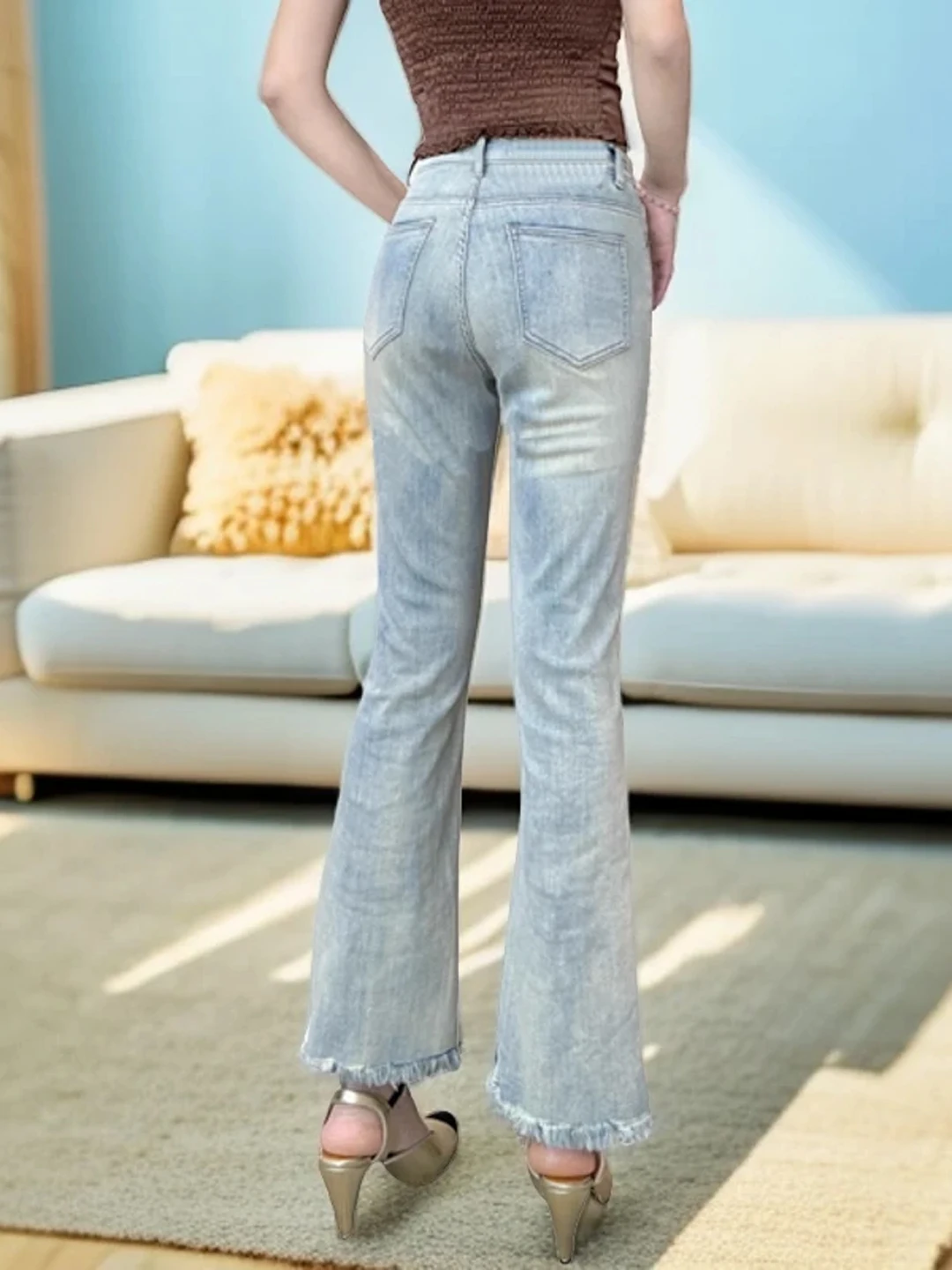 Jean cloche Bot brodé à ourlet ajouré, décontracté, taille haute, longueur à neuf Points, pantalon antibactérien à jambes larges pour jeunes femmes