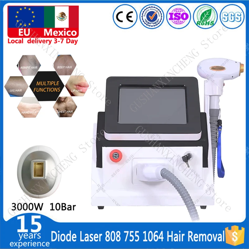 Local Shipment 808nm Diode Laser Hair Removal Machine 755nm 1064nm 3-Wave 3000w Ice Platinum Cooling System Skin Care