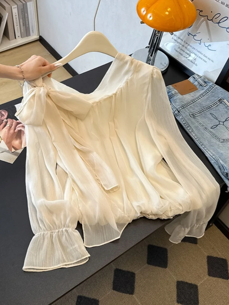 Outono francês elegante fora do ombro chiffon blusa feminina outono manga longa gravata cintura alargamento manga solta ajuste escritório camisa casual