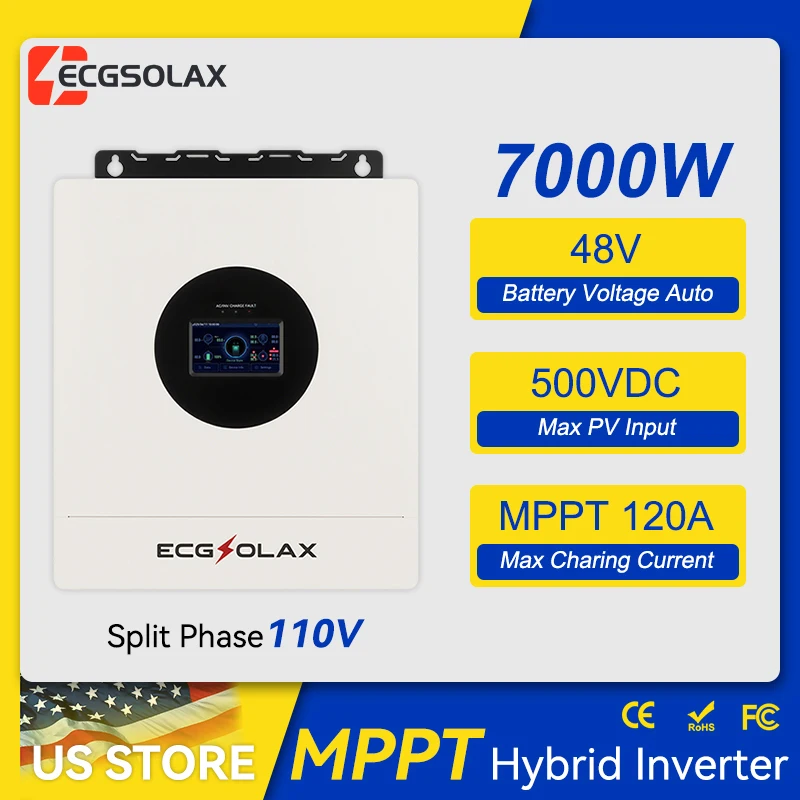 ECGSOLAX 7KW Hybrid Solar Inverter 48V 110V Single-Phase Hybrid Inverter With MPPT 120A Solar Charger Built-in WIFI Max PV 500V