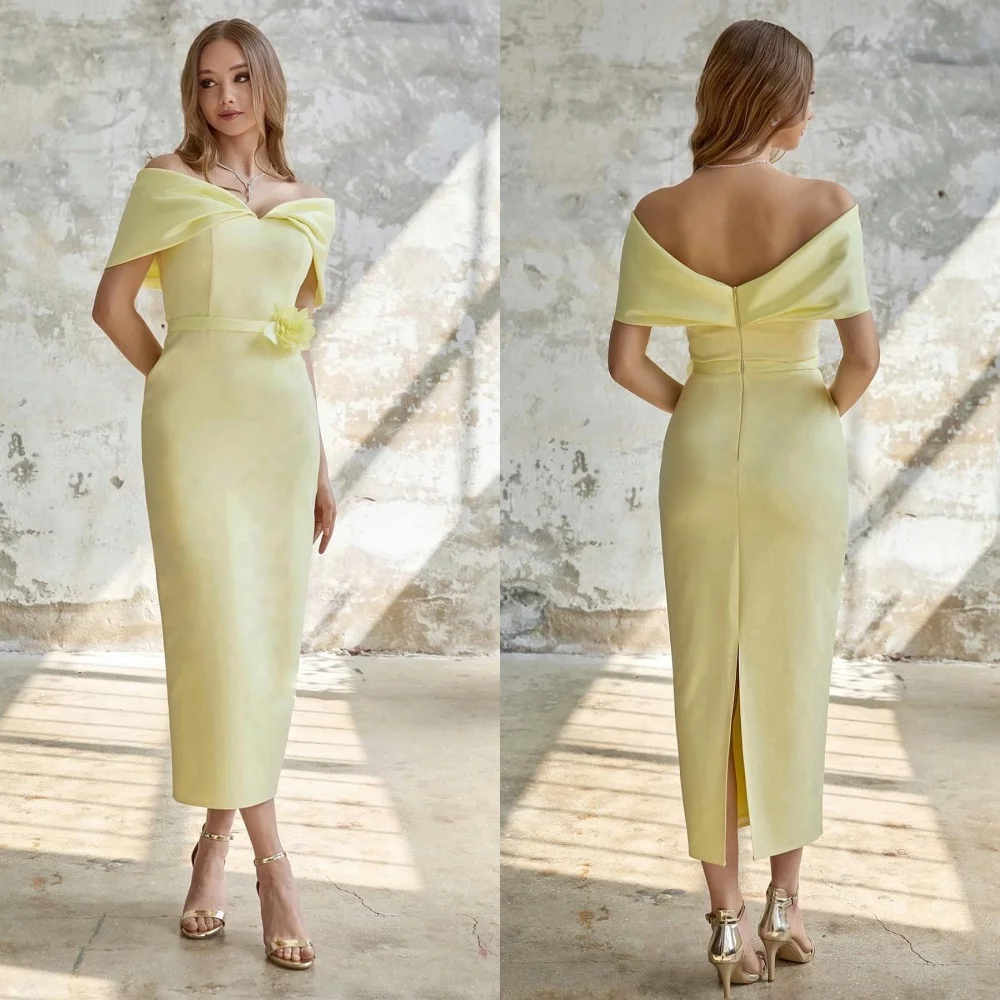 

Jersey Flower Pleat Celebrity Sheath Off-the-shoulder Bespoke Occasion Gown Midi Dresses