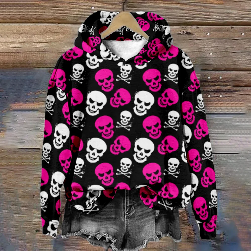 Women Hoodie Cool Skull Print Pullover Fashion Harajuku Long Sleeve Sweatshirt Streetwear