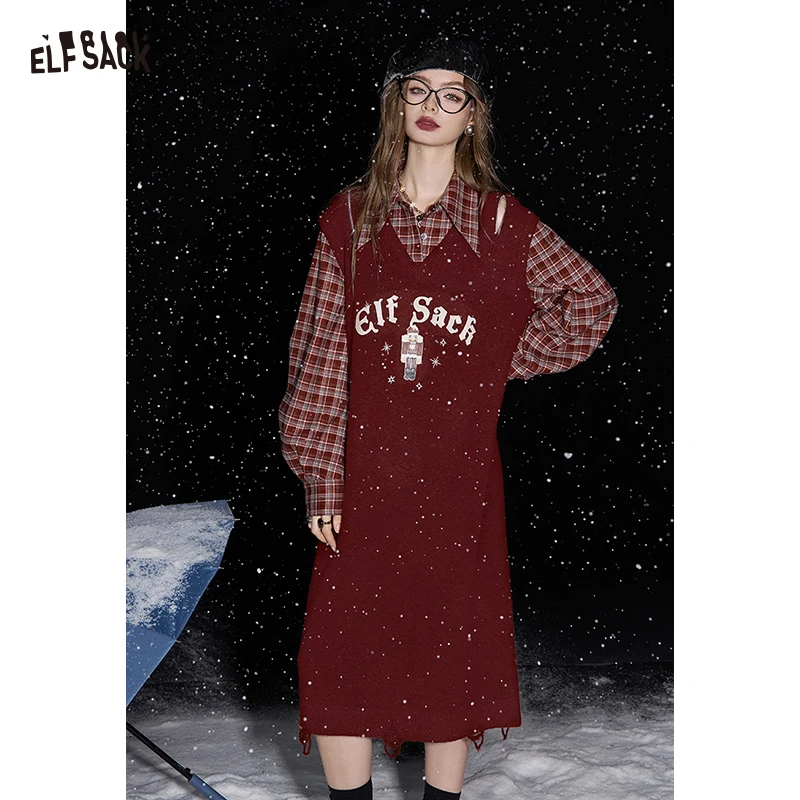 

ELFSACK Preppy Vintage Fake Two Piece Plaid Patchwork Knit Dress For Women
