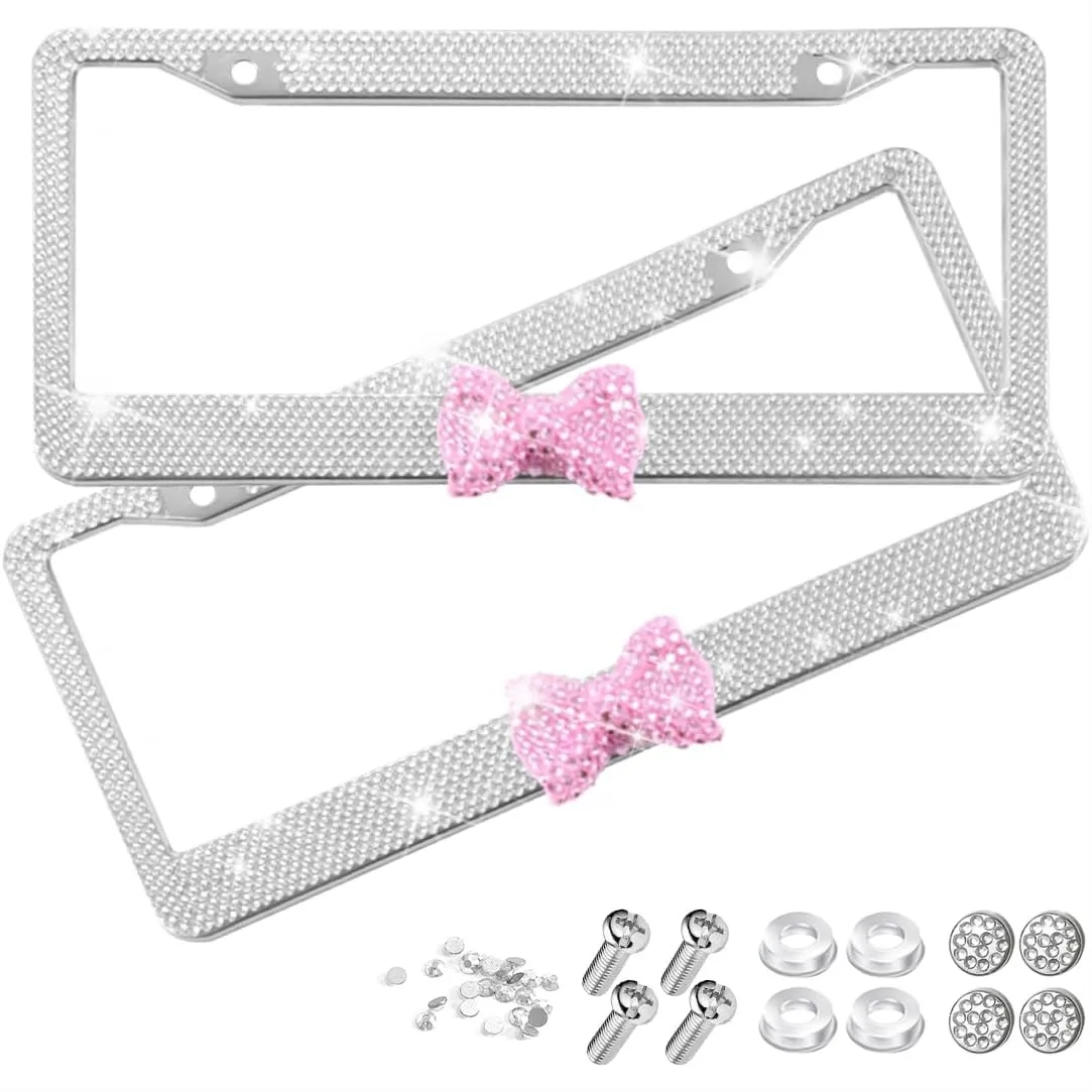 

Sparkly Rhinestone License Plate Frame for Women, 2PCS Stainless Steel Car Plate Holder with Bow Design, Universal Fit Auto