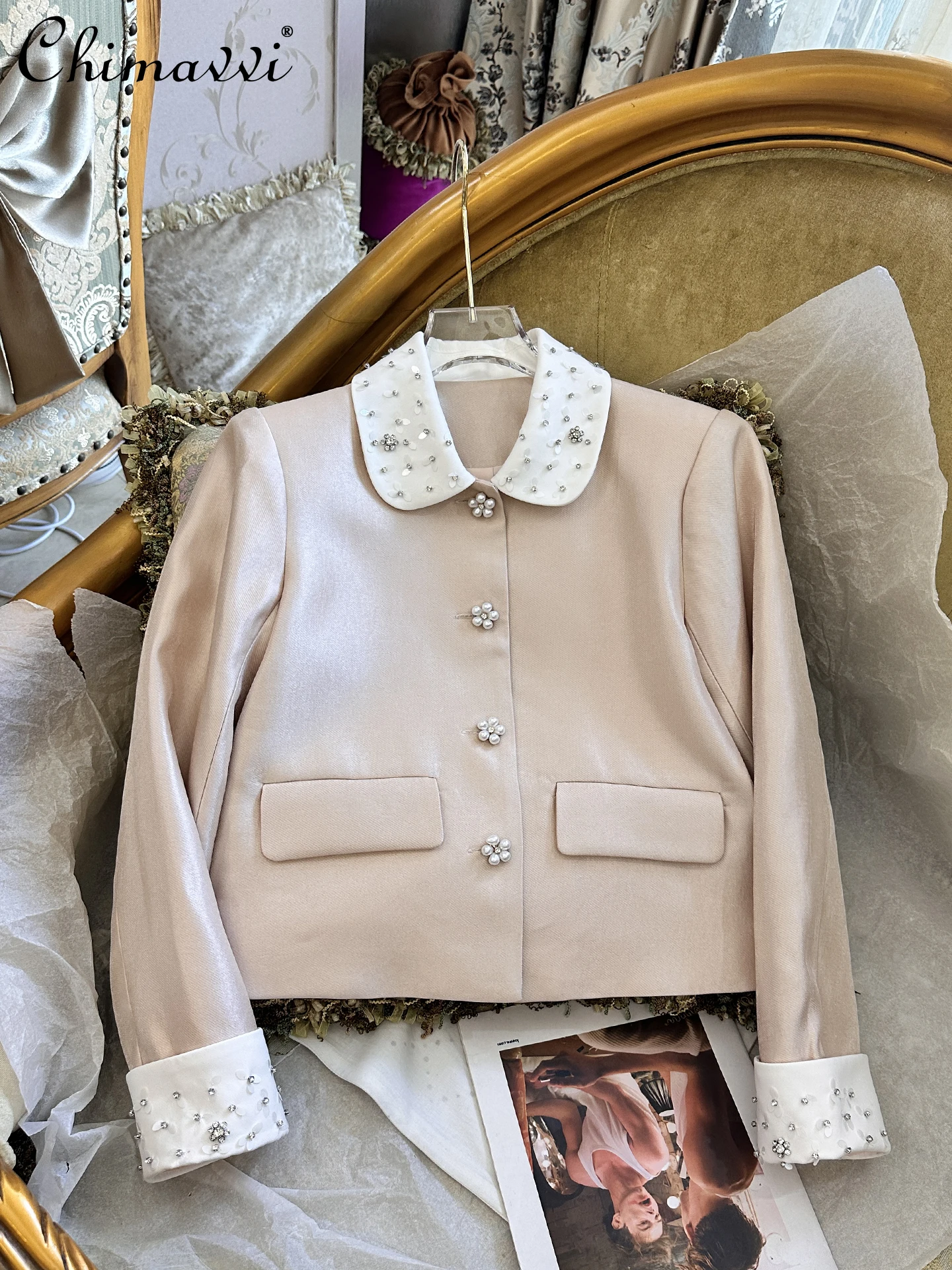 

Роскошная куртка с кукольным воротником, расшитая бисером и пайетками, корейская модная короткая куртка с длинными рукавами для девочек, топ, осень 2021, новая женская куртка