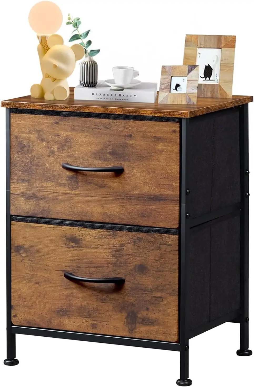 Mesa de Noche con 2 Cajones, Organizador de Tela para Dormitorio, Pasillo, Cuarto de Niños, Mesa Auxiliar, Mueble de Almacenamiento (Marrón)