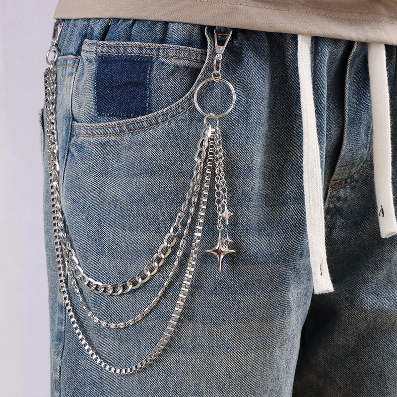 Four‑Pointed Star Multi‑Layer Pants Chain Silver Metal Waist Chain Y2K Punk Jeans Keychain Cool Street Accessory