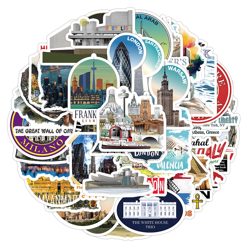 

10/30/50pcs Landmark Travel Building Stickers Famous City Landscape Sticker Bike Skateboard Suitcase Phone Graffiti Decal Toys