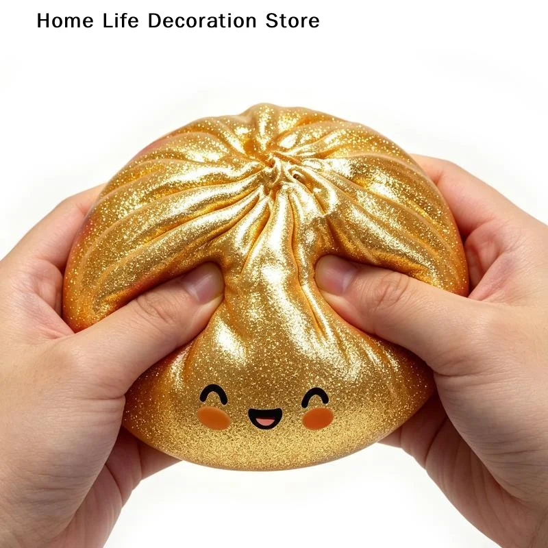 【H】1pcs Glitter Dumpling Gold Glitter Steamed Bun Themed  with Box Dumplings Sensory Squeeze Toy for Stress Relief Toys
