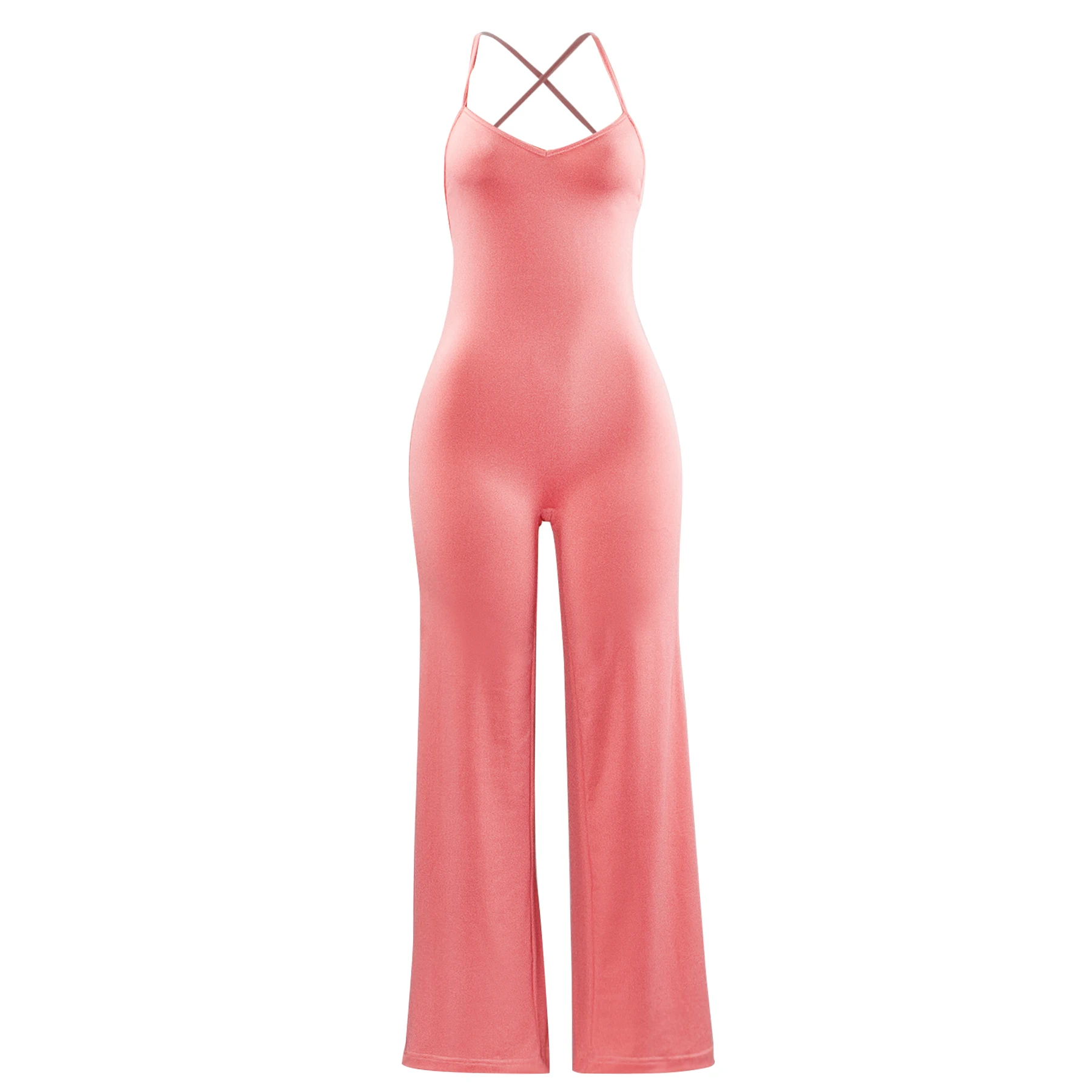 Women\'s Elegant Jumpsuit Retro Everyday Solid Color V-Neck Halter Backless Sleeveless Women\'s Loose Wide Leg Jumpsuit 2024