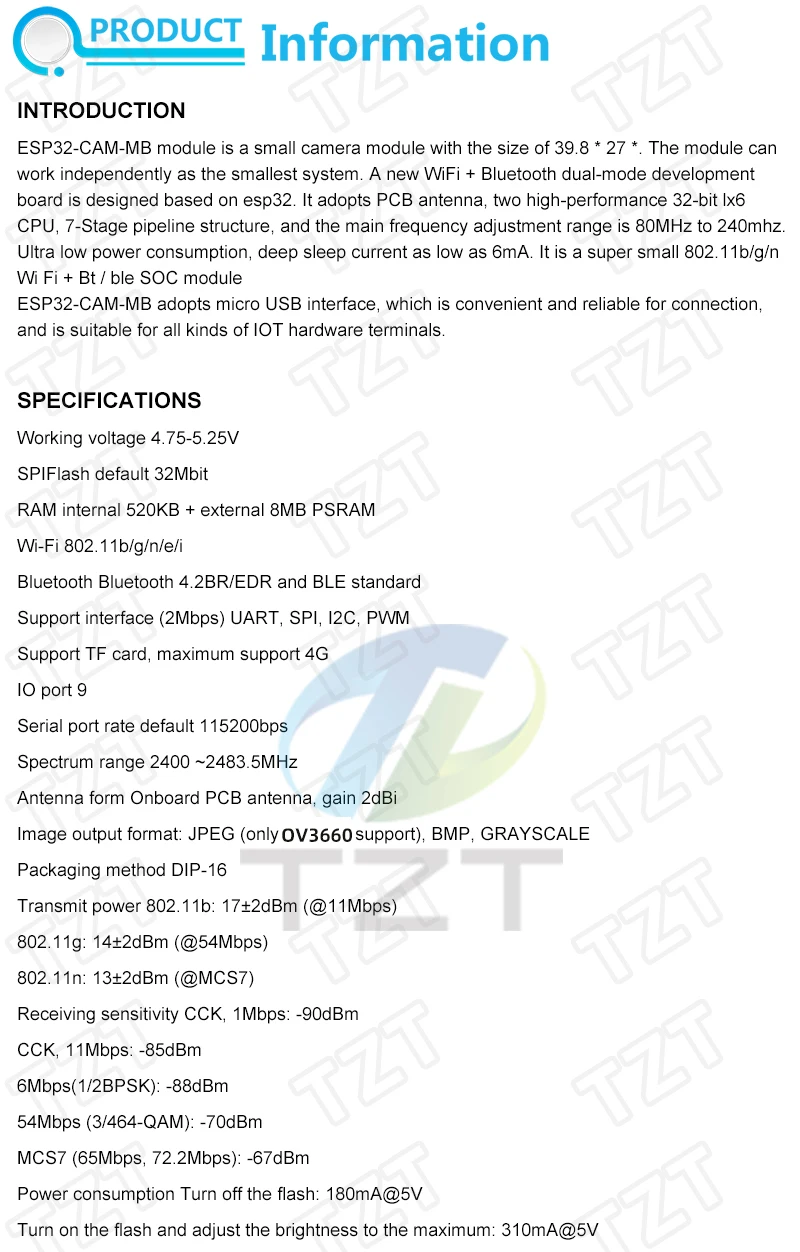 DIYTZT ESP32-CAM WLAN + Bluetooth Modul Kameramodul Entwicklungsboard ESP32 mit Kameramodul OV2640/3660 2MP für Arduino – Detail 2