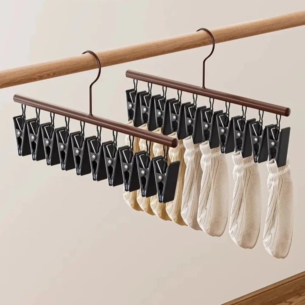 10 Clips Clothes Drying Hanger Metal Clip Windproof Socks Hanging Rack Wooden Non-slip Storage Organiser Dormitory Student