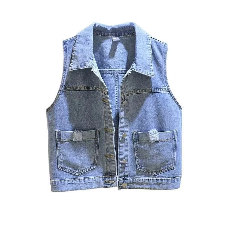 

fashion Short hole Denim Vest Women Spring Autumn new Pocket Jean Waistcoat Sleeveless Jacket Female Outerwear Casual Tops T047