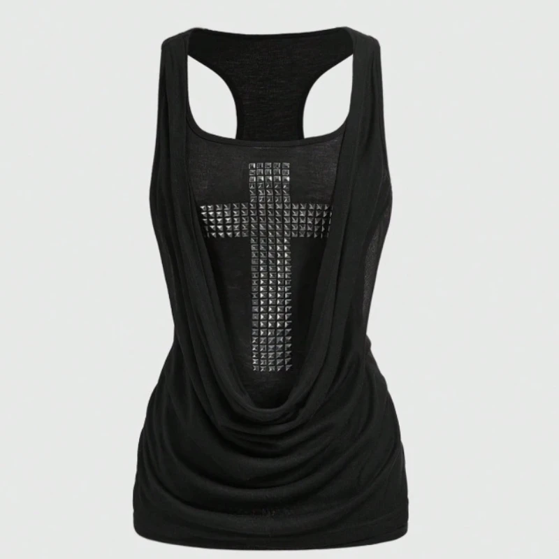 Women's Gothic Studded Cross Tank Top Double Layer Drape Sleeveless Y2K Grunge Streetwear Cami