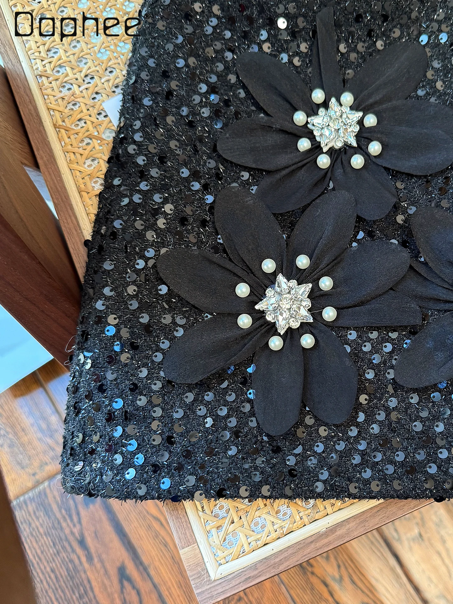 Heavy Sequin Embellished Beaded Floral Mini Skirt Women 2025 Winter Korean Chic Versatile High Waist Slim Black A-line Skirts