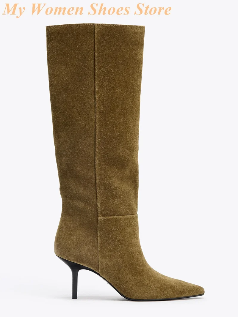 

Suede Knee High Boots Sexy Pointy Toe Slip On Knee High Army Green Runway 2026 Winter Autumn Solid Women Dress Shoes