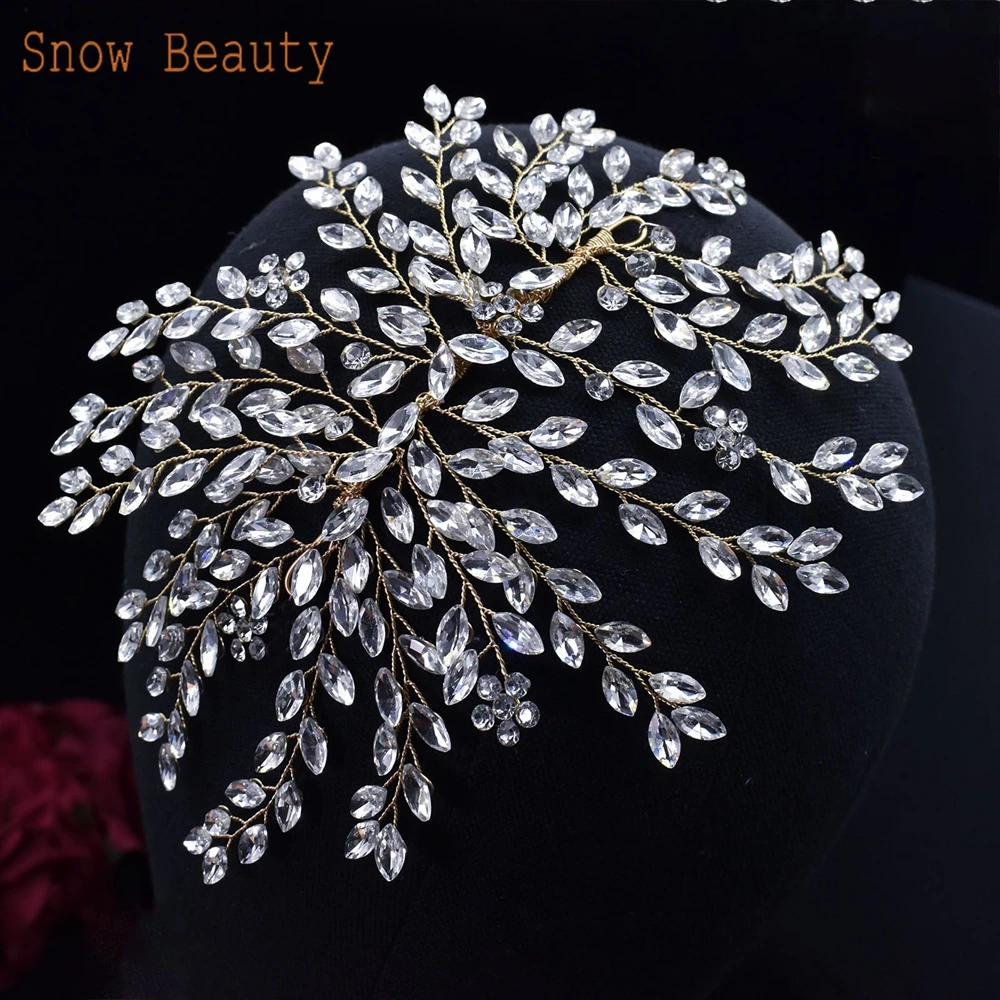 A422 Elegant Wedding Headpiece Handmade Bridesmaids Headwear Alloy Leaf  Women Headdress Crystal Bridal Hair Jewelry Girl Tiara