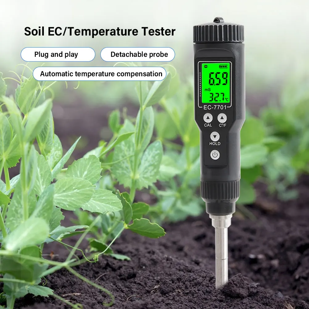 Yieryi New EC-7701 Soil EC Temp Meter 0.0-10.00 mS/cm Digital Garden Plants Soil Salinity Test Soil Conductivity Tester for Farm