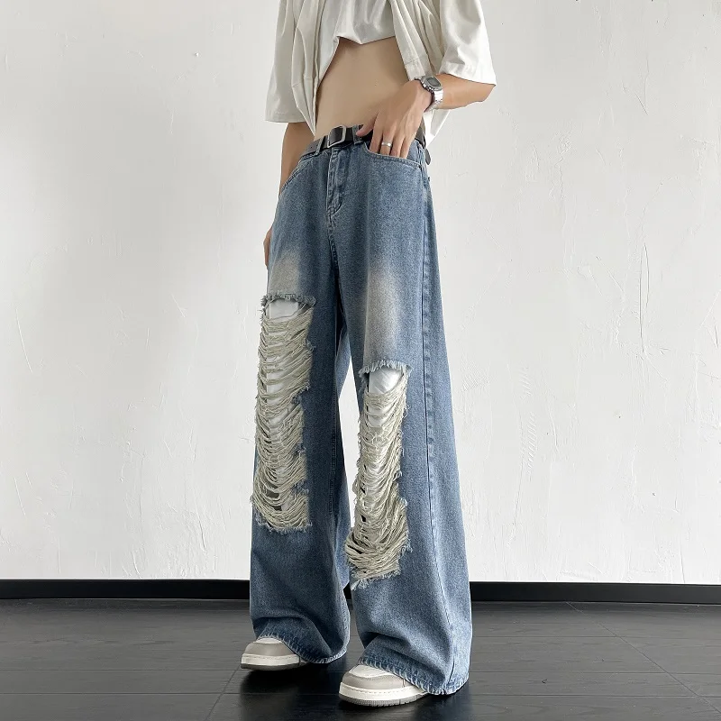 

2024 Men Summer Fashion Loose Distressed Holes Denim Pants Male Baggy Wide Leg Jeans Mens Streetwear Hip Hop Trousers F117