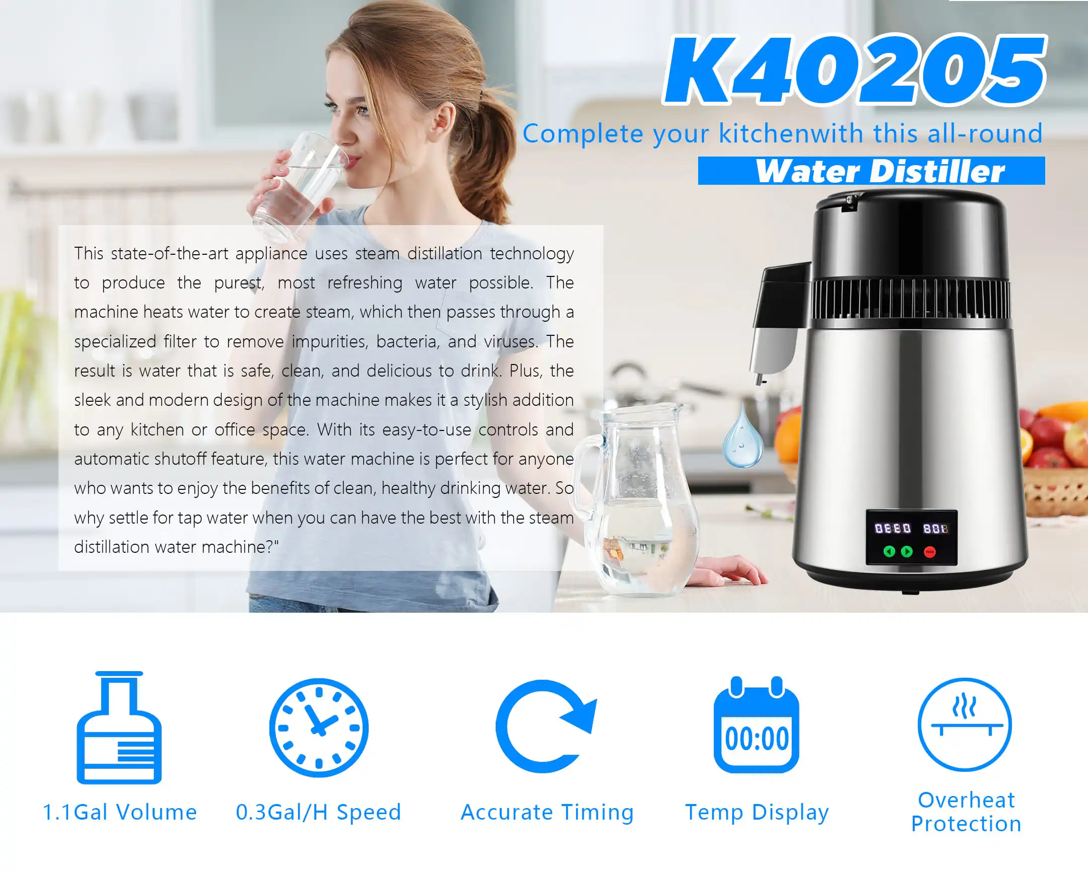 Destilador de agua con filtro purificador, dispensador de velocidad de destilación, botella para beber, suavizante, pantalla táctil, electrodoméstico, 4L, 220V, 1 L/H