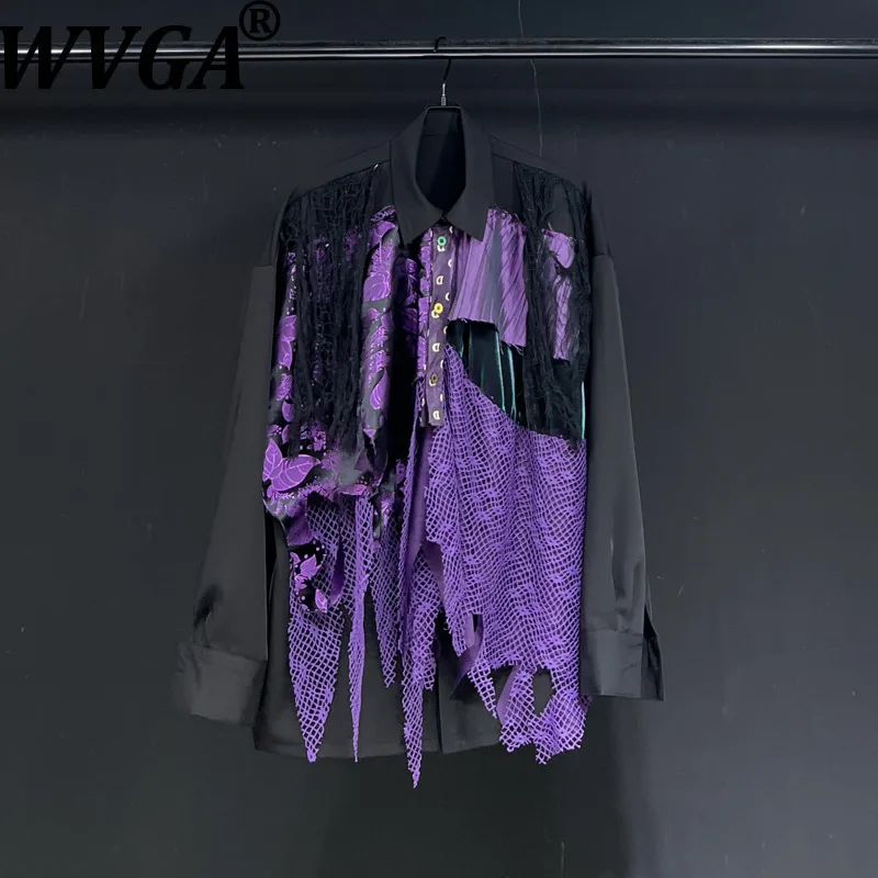 

WVGA Spring Autumn New Man Tide High Street Hollow Out Patchwork Trendy Long Sleeve Shirts Niche Chic Casual Tops Ins Y2K W12424