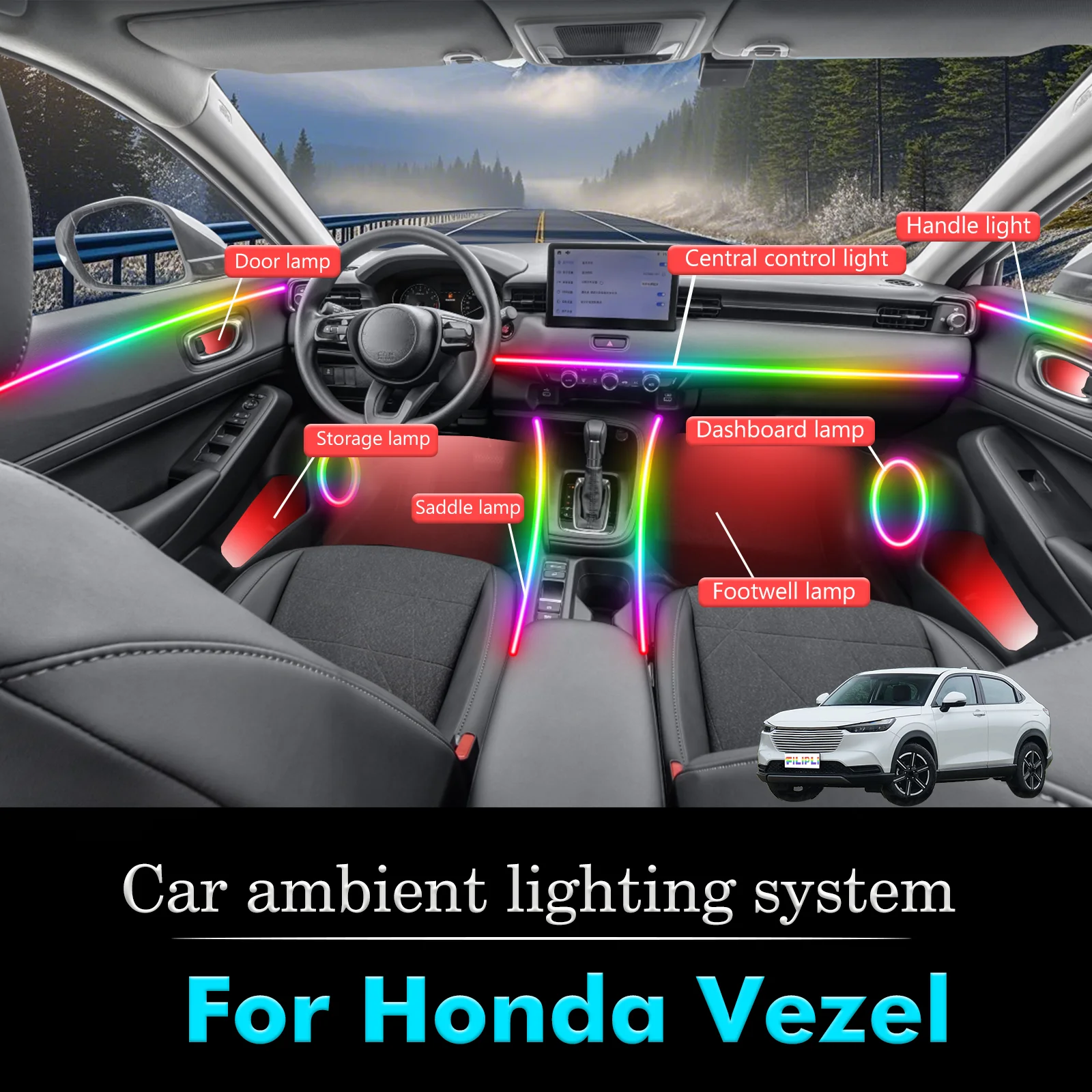 

For Honda Vezel Car Interior Decorative Ambient Light RGB 64-Color LED Smart Remote Control Energy Saving Kit