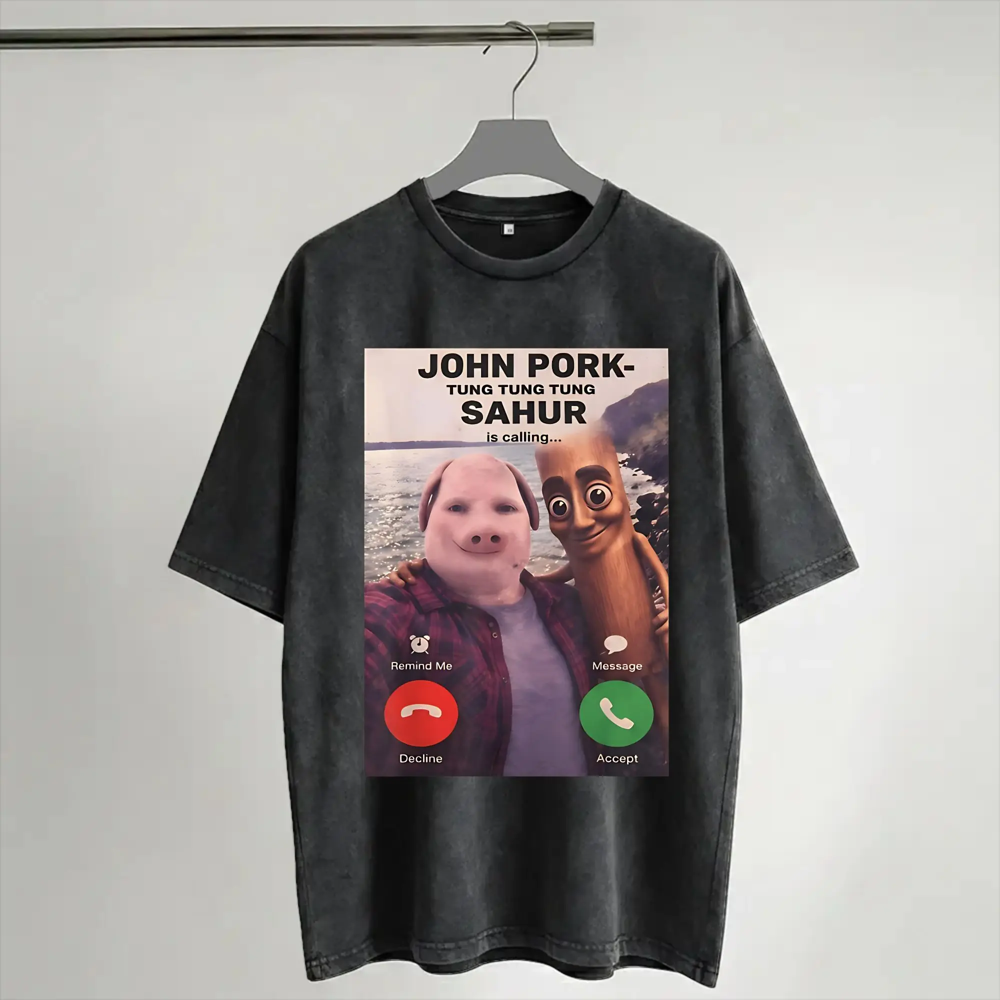 Graphic Printed John Pork Tung Sahur Calling Brainrot Meme  Washed Shirt Apparel Harajuku T-Shirts  Men Women Tees