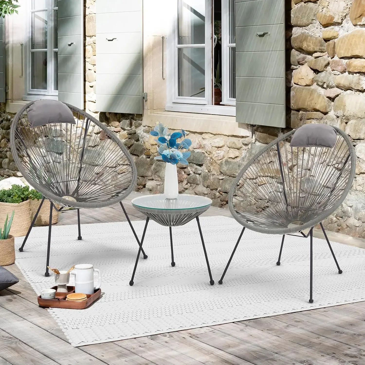 3-Piece Patio Acapulco Chairs Set, All-Weather Wicker Bistro Set w/Pillow & Glass Top Table, Outdoor Rattan Conversation Set for