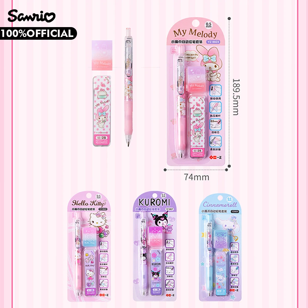 Genuine Sanrio Mechanical Pencil Set Hello Kitty Kuromi Cinnamoroll Melody 0.5mm Pencil with Refill Lead Eraser Stationery Gifts