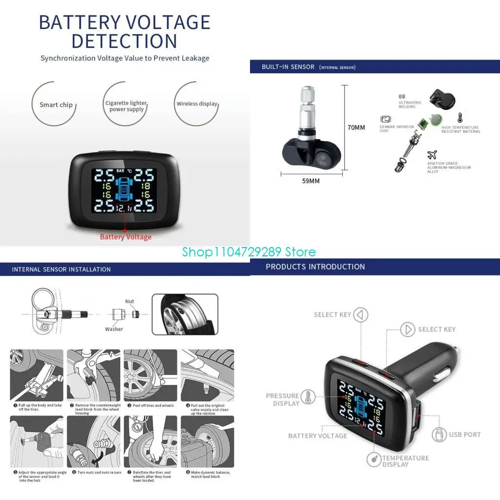 

D8KE Cigarette-Lighter TPMS Tire Pressure Monitor 4 External/Internal 0-3.5Bar