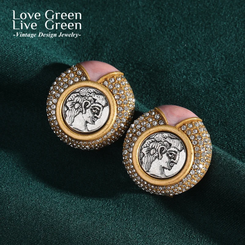

Vintage Ancient Coin Pink Earrings Luxury Quality Jewelry Beauty Head Rhinestones Round Cubic Zirconia Crystal Beautiful Women