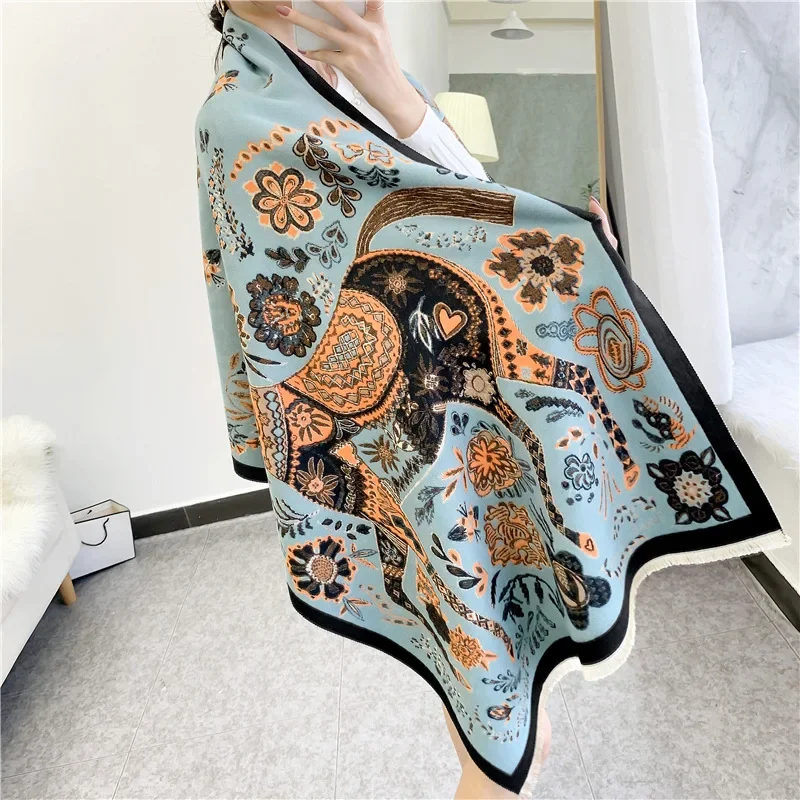 

Ethnic style scarf women's autumn and winter new imitation cashmere double-sided shawl warm and thickened fringed scarf