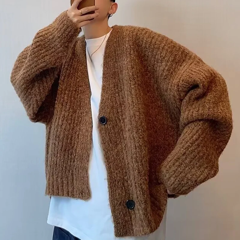 Herbst Winter männer Einfarbig Strickjacke Pullover Strickwaren Koreanische Taste Strickjacke Männlichen Vintage Pullover Hip-Hop Streetwear – Detail 9