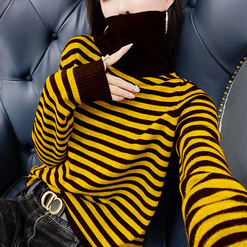 Fashion Printed Turtleneck Striped Sweater Women\'s Clothing 2023 Autumn New Oversized Casual Pullovers All-match Korean Tops