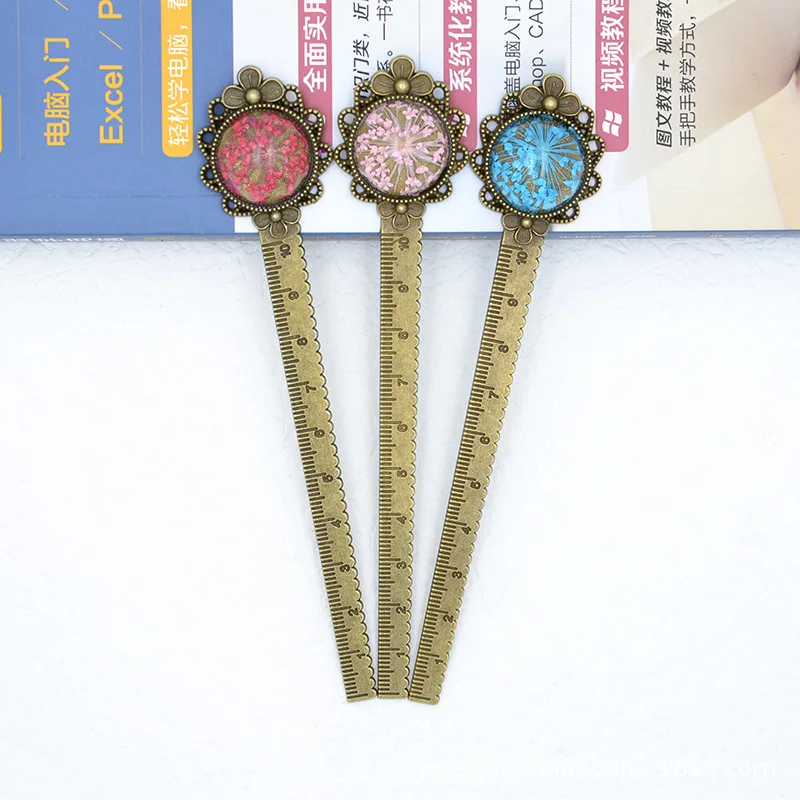 1Pcs Creative Retro Bronze Round Bookmark 10cm Ruler Vintage Metal Colorful Flower Glass Gems As Book Page Marker