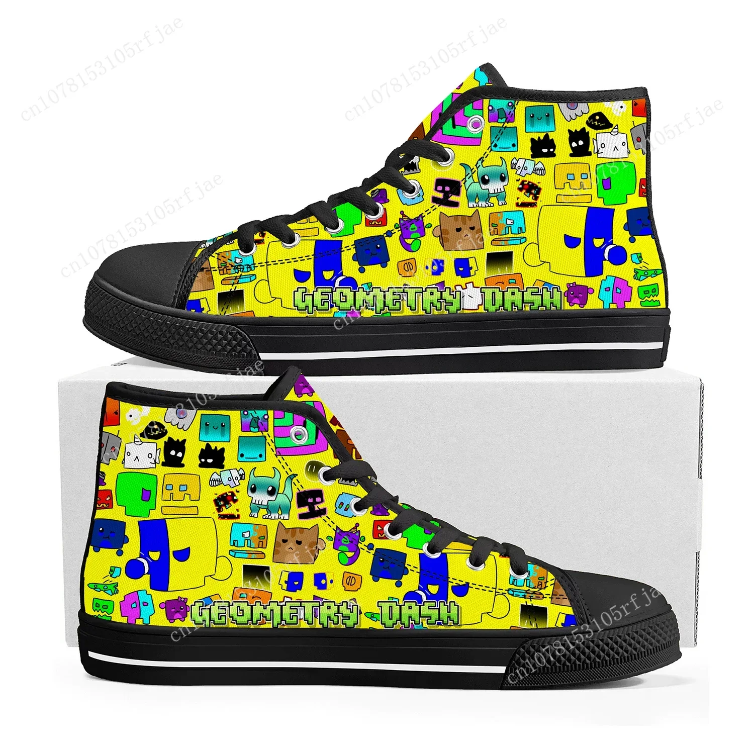 

Geometry Dash High Top Sneakers Cartoon Game Mens Womens Teenager Fashion High Quality Canvas Sneaker Custom Built Couple Shoes