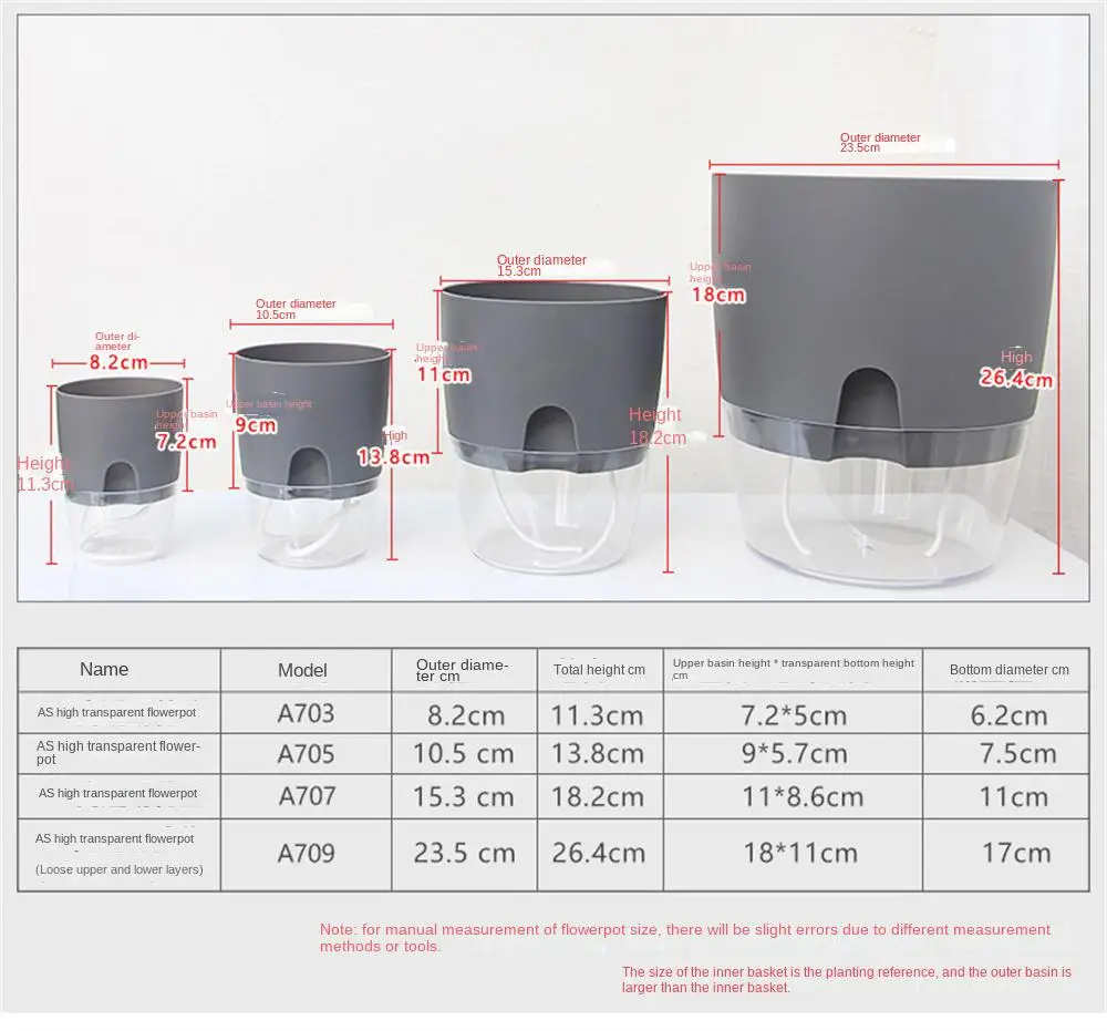 Transparent Double Layer Plastic Flower Pot  Automatic Water Absorption Flowerpot With Cotton Rope Home Garden Hydroponic Pots