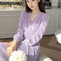 Elegant French Style Long Dress Light Purple Velvet Base Women's Winter Fashionable Simple Design One Piece Clothing